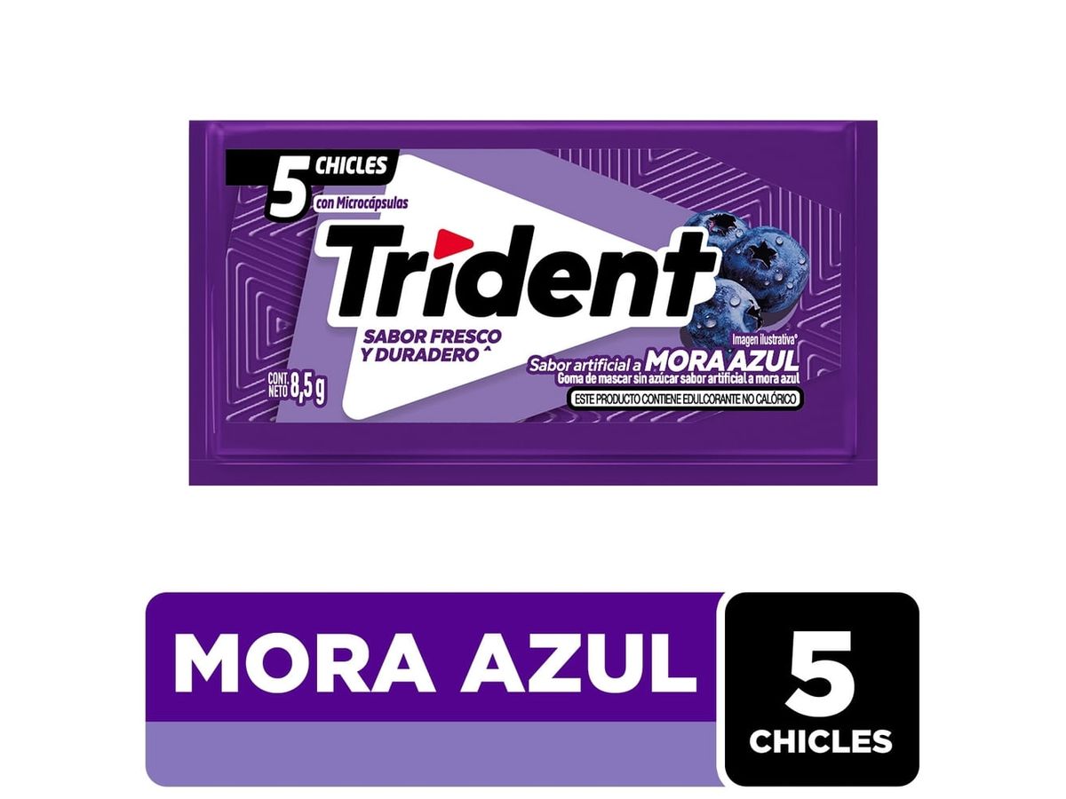 Chicle Goma de Mascar Trident Sin Azúcar sabor Mora Azul 5 unid 8,5g